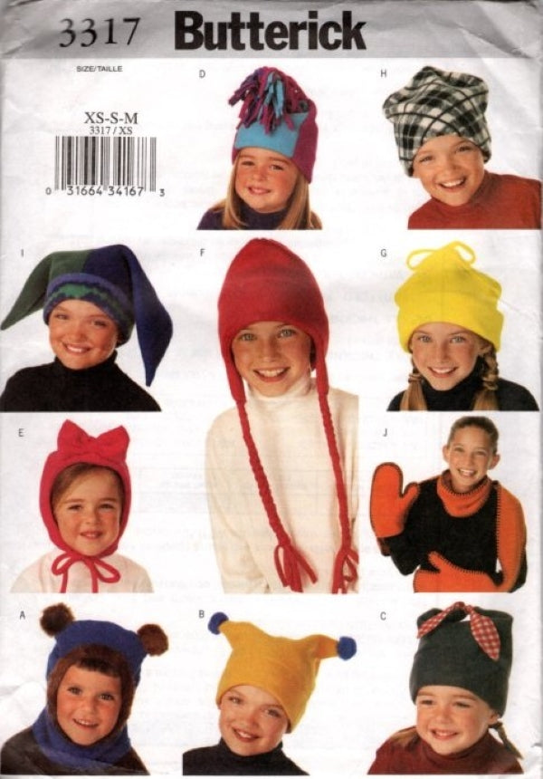 Butterick 3317 Retro 2001 Sewing Pattern Fun Fleece Hats for Kids, Jester, Ski, Over Ear, Bows, Ties, Mittens Size XS-M
