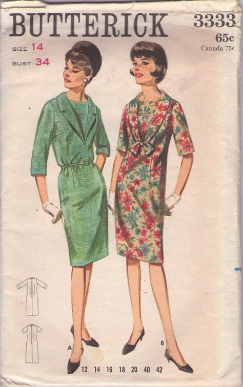 Butterick 3333 Vintage 60's Sewing Pattern Secretary Dress Set, Mad Men Inset Vestee V Neck Slim Fitted Day Dress, 2 Styles Size 14