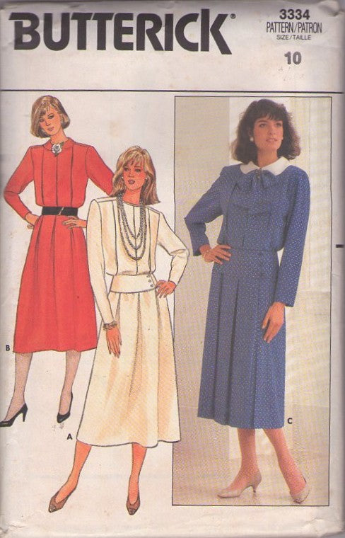 Butterick 3334 Vintage 80's Sewing Pattern Secretary Dress Set, Blouson Dress, Pleats, Button On Cummerbund Peplum Belt Size 10