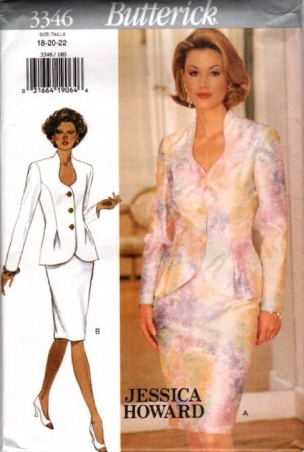 Butterick 3346 Vintage 90's Sewing Pattern Career Power Suit, Jessica Howard Designs, Teardrop Neckline Jacket Top, Sheath Skirt Size 18-22