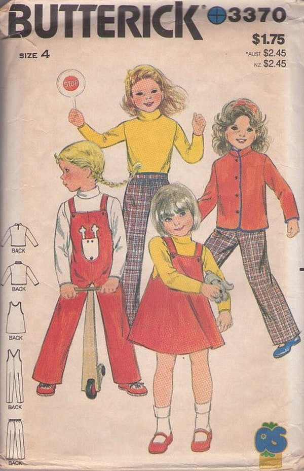 Butterick 3370 Vintage 70's Sewing Pattern Boys' & Girls' Separates, Christmas Holiday, Reindeer Applique Pocket Overalls, Coveralls, Top, Nehru Collar Jacket, Flared Jumper Dress & Pants Size 4