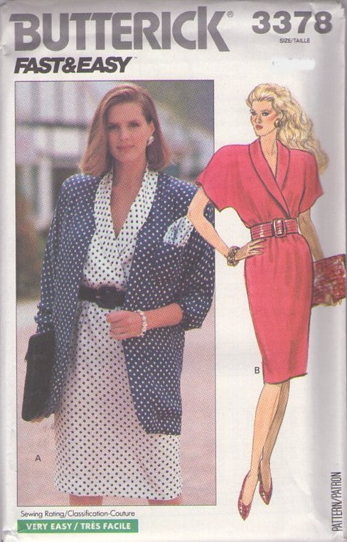 Butterick 3378 Vintage 80's Sewing Pattern Secretary Dress, Fast & Easy, Pretty Woman Shawl Collar, Surplice, Oversized Blazer Suit Jacket Size 6, 8, 10