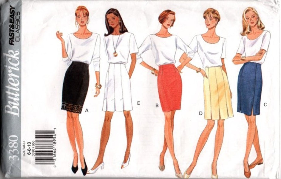 Butterick 3380 Vintage 90's Sewing Pattern Very Easy Secretary Sheath Skirt Set, High Waist, Lace & Pleat Trim Options Size 6-10