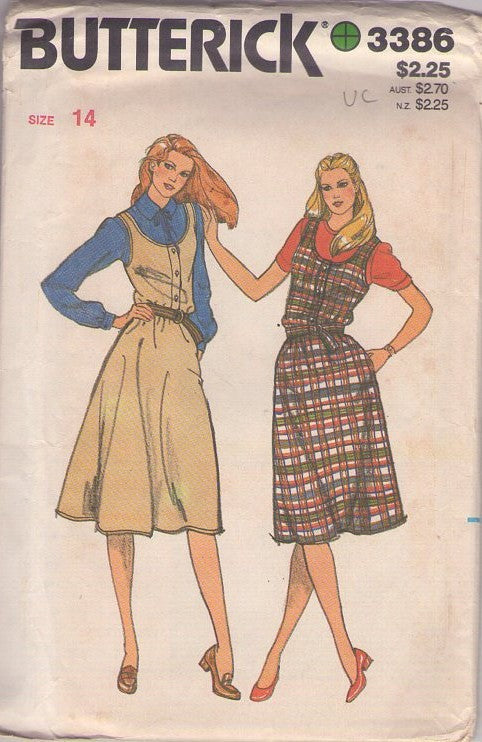 Butterick 3386 Vintage 80's Sewing Pattern Summer Jumpers, Classic Scoop Neck, Blouson Buttoned Shirtwaist Bodice, Flared Skirt Jumper, Dress Size 14