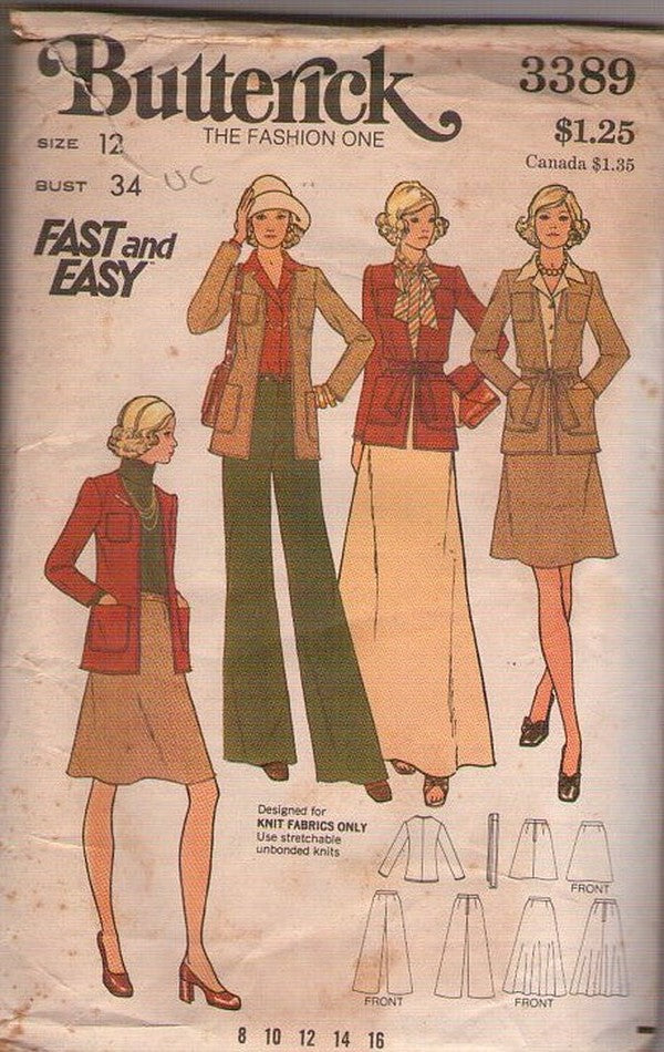 Butterick 3389 Vintage 70's Sewing Pattern Career Knit Separates, Jacket, Skirt, Pants, Fast & Easy, Size 12