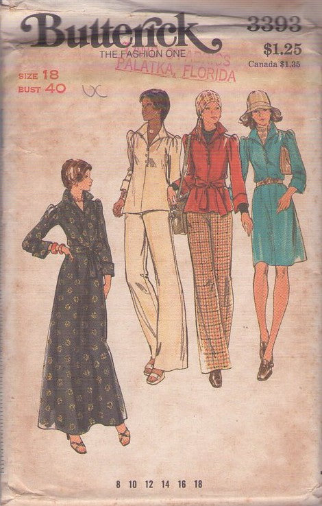Butterick 3393 Vintage 70's Sewing Pattern Daytime Separates, Flip Wing Collar Flared, Loose Blouse, Secretary Dress, Hostess Evening Gown & Pants Size 18