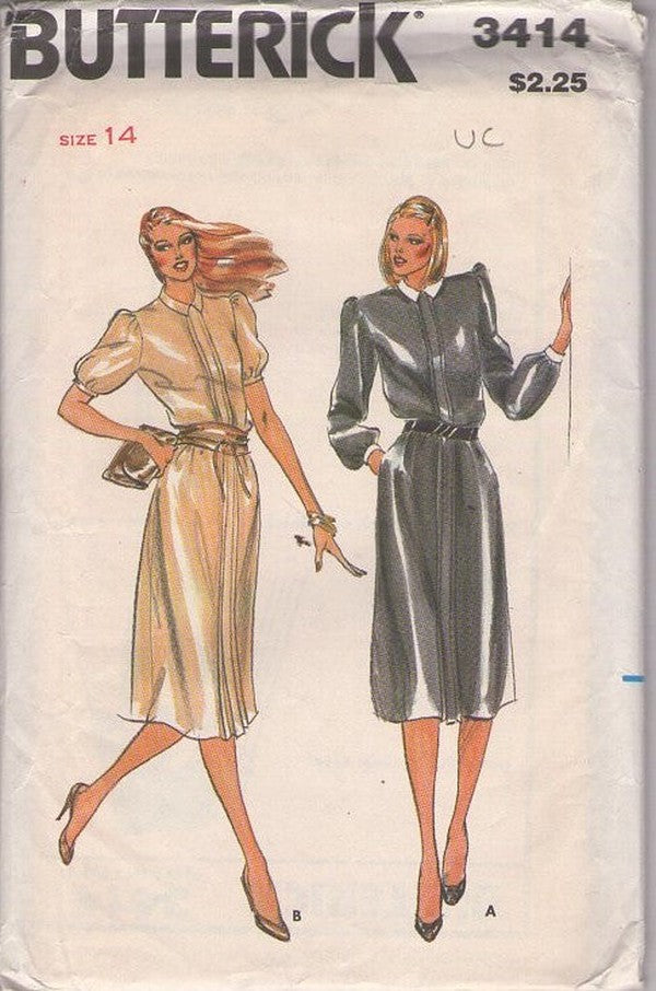Butterick 3414 Vintage 80's Sewing Pattern Secretary Day Dress, Hidden Front Band Closure, 2 Styles Size 14