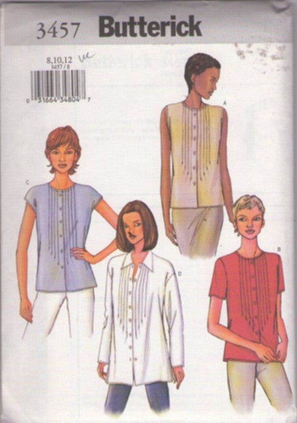 Butterick 3457 Retro 2002 Sewing Pattern Summer Blouse Set, Pin Tucks, Button Front, 4 Styles Size 8-12