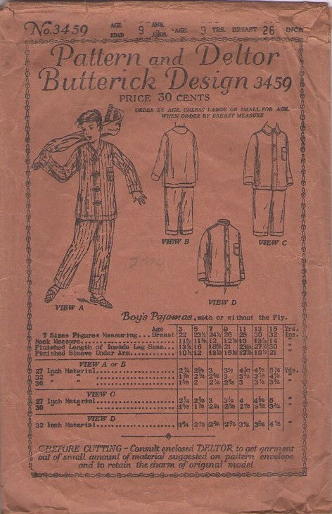 Butterick 3459 Vintage 1910's Sewing Pattern 1919 Boys' Pajamas, Frog Toggle Pajamas, Sleep Shirt, Jacket Top & Pants Size 9 Years
