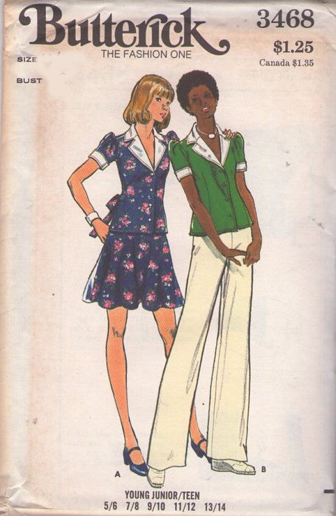Butterick 3468 Vintage 70's Sewing Pattern Disco Separates, That 70's Show, Contrast Collar & Cuffs Tie Back Blouse, Top, Flared Skirt, Pants Size 9/10