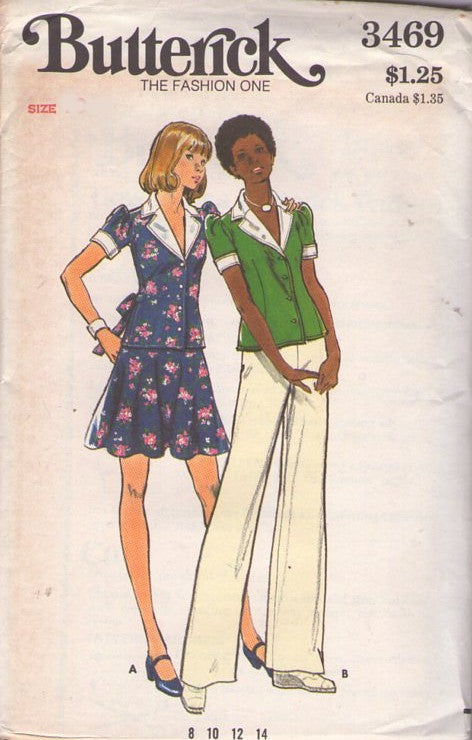Butterick 3469 Vintage 70's Sewing Pattern Disco Separates, That 70's Show, Contrast Collar & Cuffs Tie Back Blouse, Top, Flared Skirt, Pants Size 10