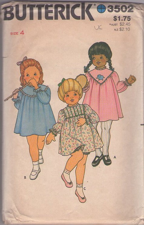 Butterick 3502 Vintage 80's Sewing Pattern Toddler Girls' Dress, Panties, Modest, Flared Long Sleeve Dress, 3 Yokes, Bloomers Panties Size 4