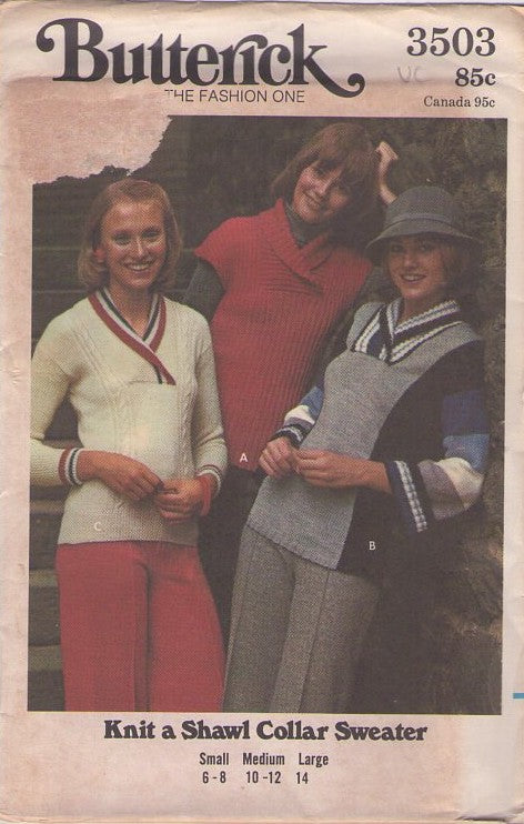 Butterick 3503 Vintage 70's Sewing Pattern Sweater Set, Knit a Shawl Collar Sweater, Inset Wrap Yoke Bohemian Hippie Pullover Set, 3 Styles Size S-L