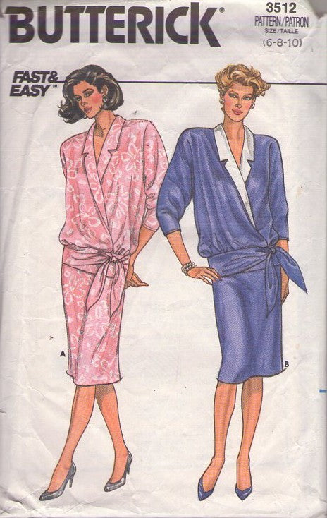 Butterick 3512 Vintage 80's Sewing Pattern 2 Piece Dress, Fast & Easy, Loose Fit Wrap Around & Tie Collared Jacket Top Blouse, Slim Sheath Skirt 2 Piece Dress Size 6-10