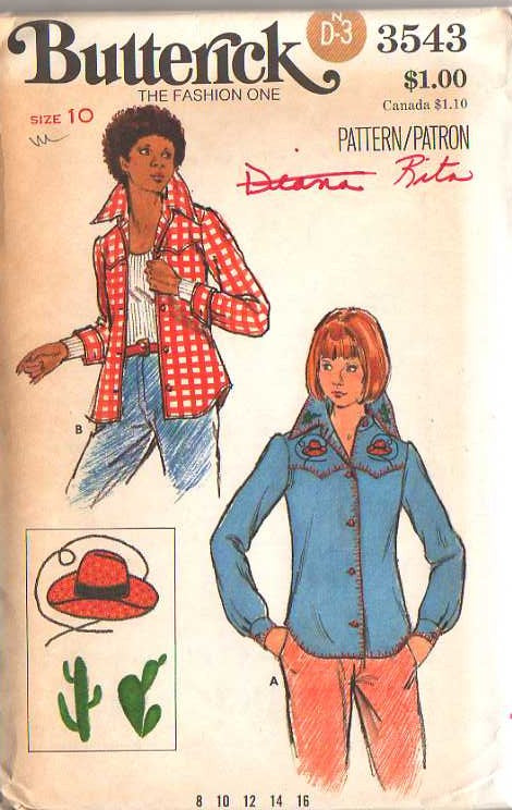 Butterick 3543 Vintage 70's Sewing Pattern Hippie Shirts, Western Yoked & Stitched Shaped Sides Blouse, Shirt, Embroidery Transfer Size 10