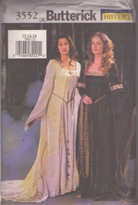 Butterick 3552 Retro 2002 Sewing Pattern Cosplay Costumes, Game Of Thrones Dragon Queen, Arthur Guinevere Long Medieval, Renaissance Faire Gown, Dress in 2 Styles Size 12-16