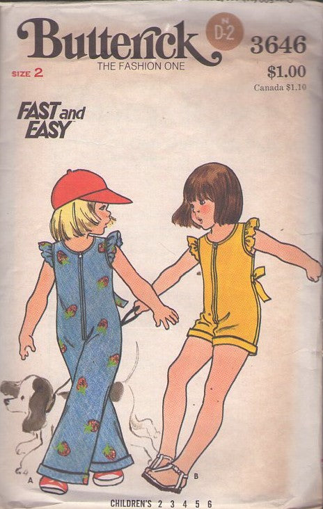 Butterick 3646 Vintage 70's Sewing Pattern Kids' Jumpsuits, Fast & Easy, Front Zippered Jumpsuit, Playsuit, Tie Back, Ruffle Sleeve Size 2