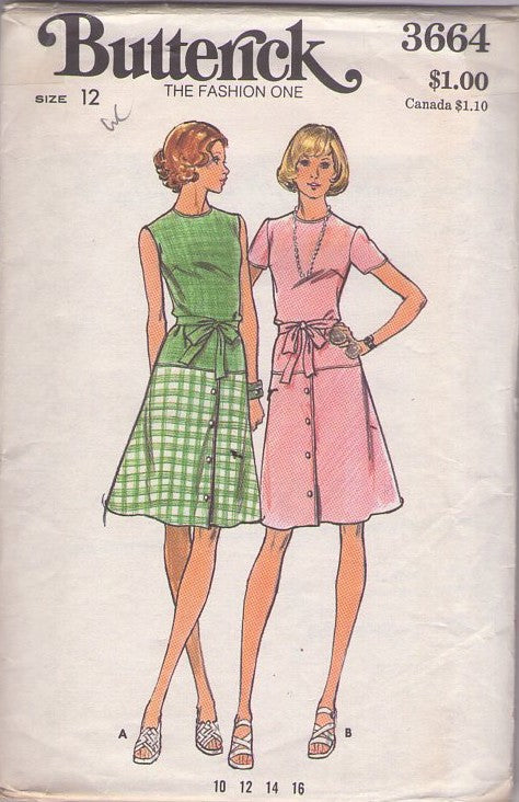 Butterick 3664 Vintage 70's Sewing Pattern Secretary Dress, Front Buttoned Skirt, 2 Piece Look, Drop Waist 2 Styles Size 12