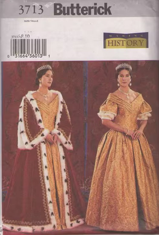 Butterick 3713 Retro 2002 Sewing Pattern Historical Costumes, Queen Elizabeth Jubilee Gown, Dress & Coronation Fur Trimmed Robe, Coat Size 6-10