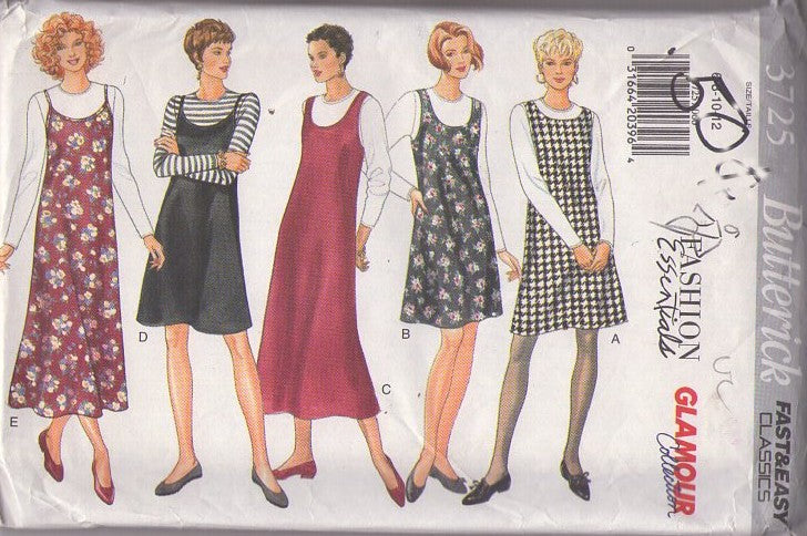 Butterick 3725 Vintage 90's Sewing Pattern Fashion Essentials Jumper, Scoop Neck Dress, Glamour Collection, 5 Easy Styles Size 6-12