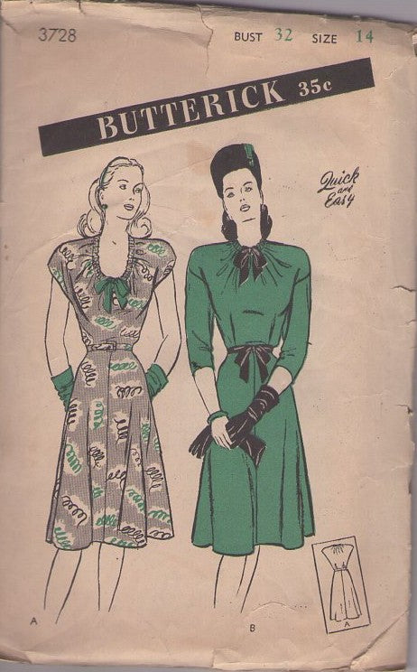 Butterick 3728 Vintage 40's Sewing Pattern Day Dress, Quick & Easy, Dropped Shoulder, Drawstring Neckline, Swing Dance Era Day Dress 2 Styles Size 14
