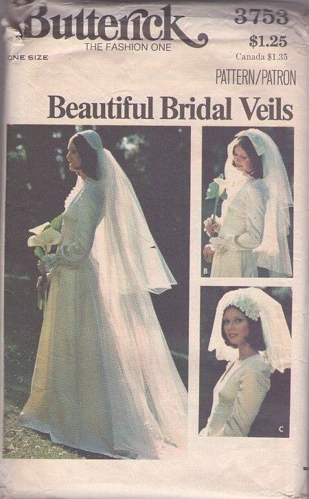 Butterick 3753 Vintage 70's Sewing Pattern Bridal Veil Set, Renaissance Juliet Cap, Double Tier, Short Jackie O, Bow, GREAT STYLES OZ