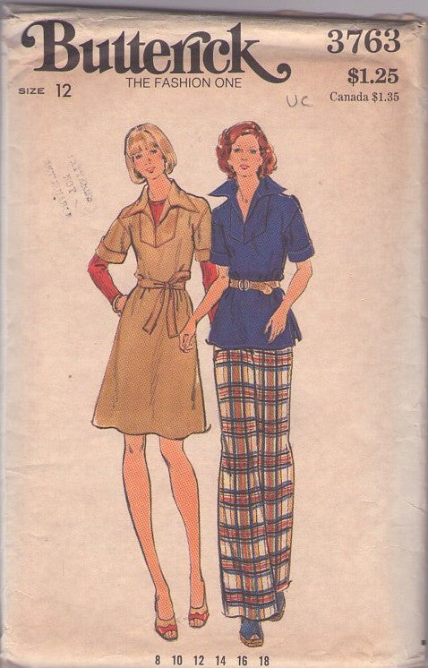 Butterick 3763 Vintage 70's Sewing Pattern Casual Separates, Wide Collar, Inset Tunic Top, Blouse, Fit & Flared Dress & Pants Size 12 UNCUT