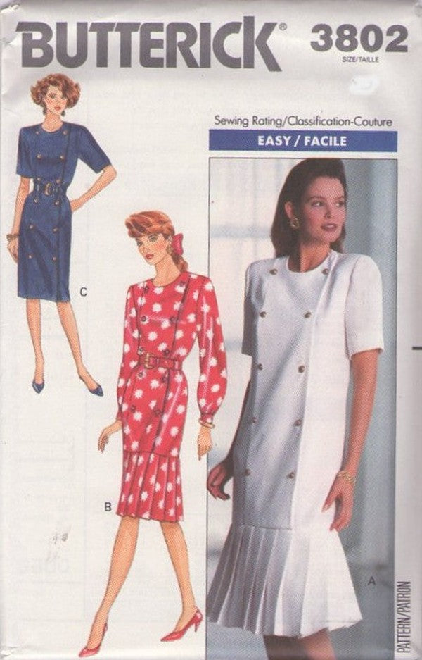 Butterick 3802 Vintage 80's Sewing Pattern Easy Dress Set, Pretty Woman Step In Double Breasted, Drop Waist Pleated Skirt Coat Dress Size 10