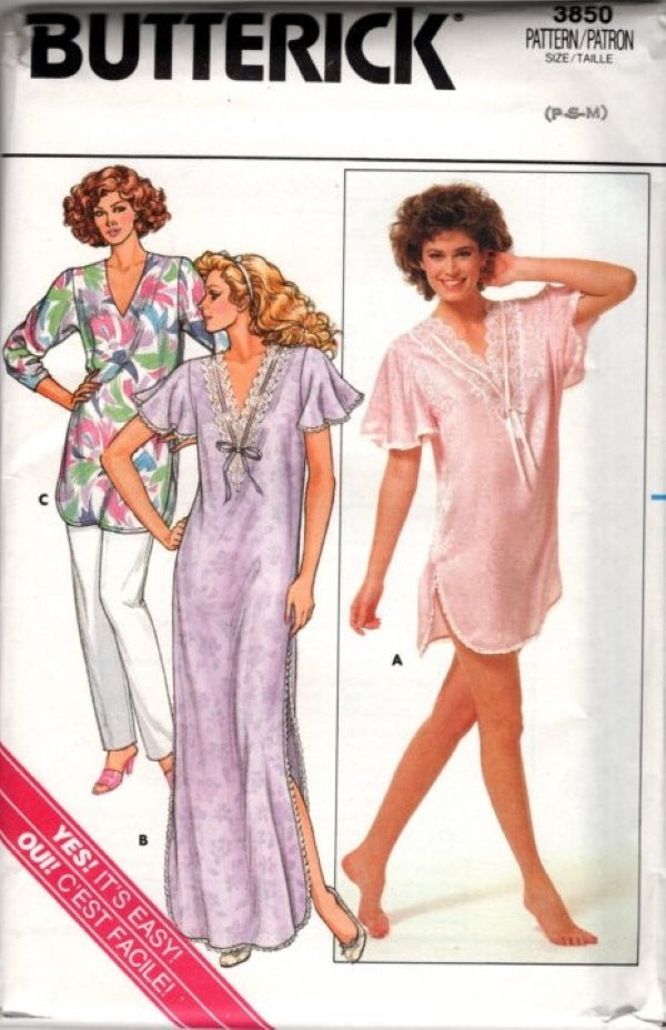 Butterick 3850 Vintage 80's Sewing Pattern Easy Sleepwear Set, Lacy Nightshirt, Nightgown, Gown, Lounge Blouse, Pants Size P-M
