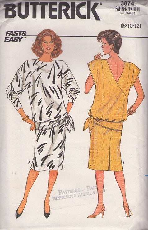 Butterick 3874 Vintage 80's Sewing Pattern 2 Piece Dress, Fast & Easy Surplice Back Oversized Tied Hip Band Blouse, Top, Skirt 2 Piece Dress Size 8-12