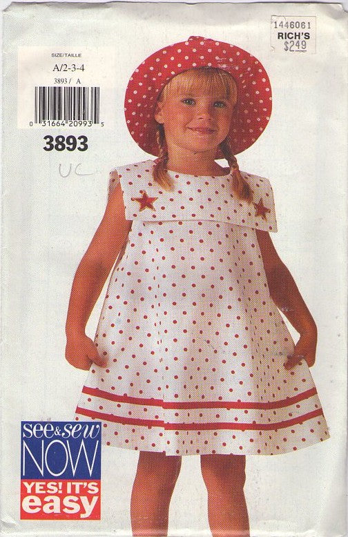Butterick 3893 Retro 90's Sewing Pattern Girls' Dress & Hat, Yes, It's Easy, See & Sew Now, Yes, It's Easy, Flared Patriotic Sailor Collar Nautical Dress, Sun Hat Size 2-4