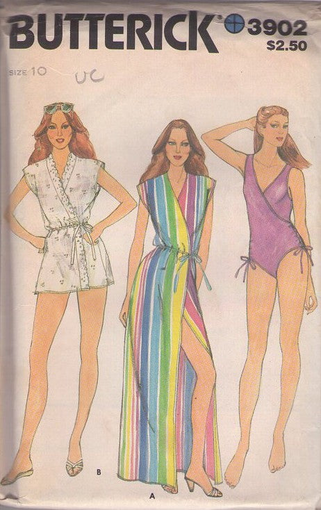Butterick 3902 Vintage 70's Sewing Pattern Swimsuit, Cover Up, Surplice V Neck, Faux Wrap, Shirred Sides One Piece Bathing Suit, Cap Sleeve Robe, Cover Up Jacket, Dress Size 10