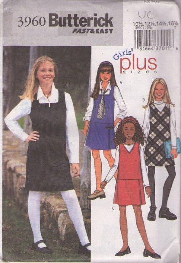 Butterick 3960 Retro 2003 Sewing Pattern Girls' Plus Half Size Jumper Set, School Dress, 4 Styles Size 10.5-16.5
