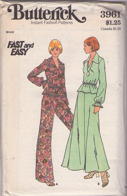Butterick 3961 Vintage 70's Sewing Pattern Retro Separates, Fast & Easy, V Neck Collared Peplum Top, Lounge Pants, Maxi Skirt, 2 Piece Hostess Dress Size 10