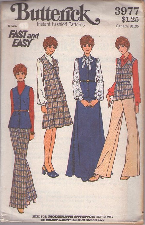Butterick 3977 Vintage 70's Sewing Pattern Office Separates, Tie Collar Blouse, Vest Jacket, Flared Skirt Knee or Evening Length & Pants