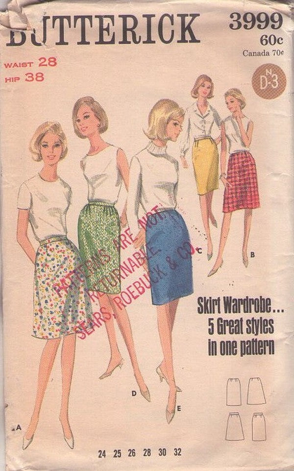 Butterick 3999 Vintage 60's Sewing Pattern Skirt Wardrobe, Mad Men Secretary Slim or A-Line Skirts 5 Styles Waist 28