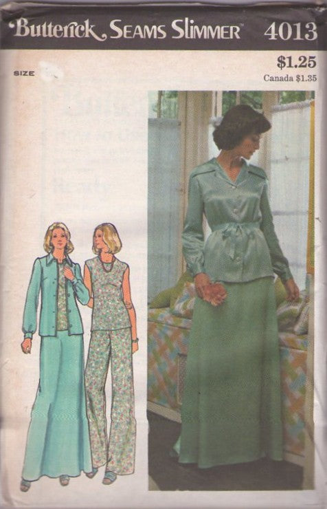 Butterick 4012 Vintage 70's Sewing Pattern Hostess Separates, Simple Seams Slimmer Mix & Match Shiny Blouse, Cap Sleeve Top, Maxi Skirt & Lounge Pants Size 12