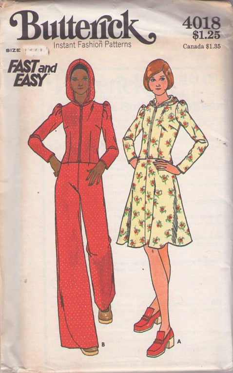 Butterick 4019 Vintage 70's Sewing Pattern Fast & Easy Separates, Gathered Cap Sleeve, Front Zippered Hooded Jacket, Top, Flared Skirt, Bell Flare Pants Size 10