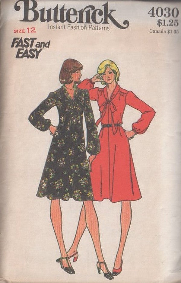 Butterick 4030 Vintage 70's Sewing Pattern Disco Dress Set, Fast & Easy Tie Collar Center Seamed Secretary Dress Size 12 CUT