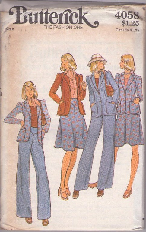 Butterick 4058 Vintage 70's Sewing Pattern Secretary Separates, Annie Hall Fitted Gathered Sleeve Blazer Suit Jacket, Yoked Flirty Flared Skirt, Pants Size 10