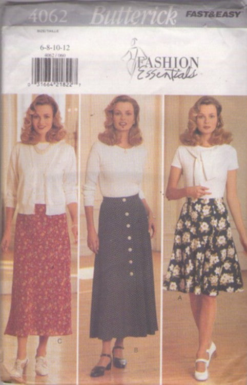Butterick 4062 Retro 90's Sewing Pattern Secretary Skirt Set, Fashion Essentials, Sock Hop Vibes Flared Knee or Midi Length Skirt Set Size 6-12