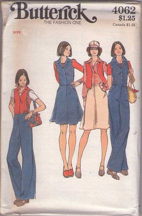 Butterick 4062 Vintage 70's Sewing Pattern Disco Era Separates, Denim Jean Flared Mock Fly Front Skirt, Pants, Vest Top Size 8