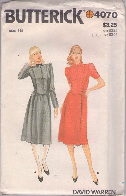 Butterick 4070 Vintage 80's Sewing Pattern Career Dress, Designer David Warren, Plastron Front Modest Secretary Dress, 2 Styles Size 16