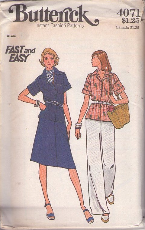 Butterick 4071 Vintage 70's Sewing Pattern Secretary Separates, Fast & Easy, Pullover Button Band Tunic Top, Blouse, A-Line Skirt, Pants, 2 Piece Dress Size 12