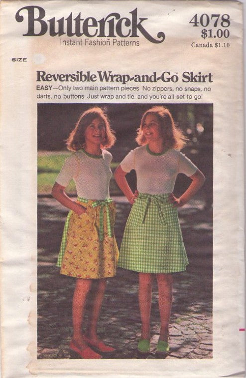 Butterick 4078 Vintage 70's Sewing Pattern Girls' Skirts, Reversible Wrap & Go Skirt, Wrap Around Summer Size 8