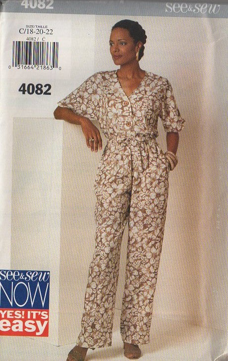 Butterick 4082 Retro 90's Sewing Pattern Easy Separates, See & Sew Now, V Neck Seamless Shoulder Button Up Blouse, Straight Leg Pants Size 6-10