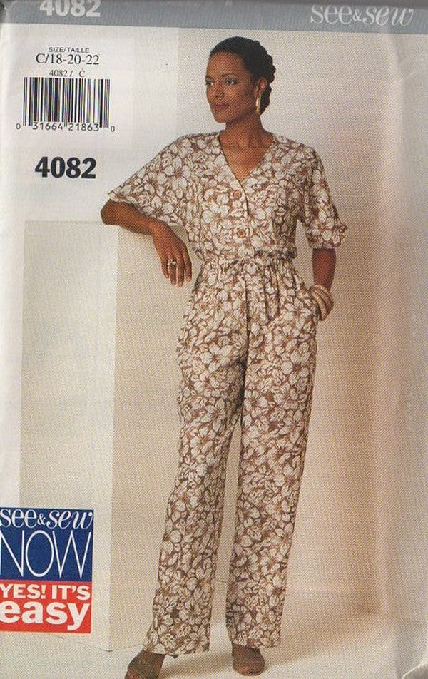 Butterick 4082 Retro 90's Sewing Pattern Easy Separates, See & Sew Now, V Neck Seamless Shoulder Button Up Blouse, Straight Leg Pants Size 6-10
