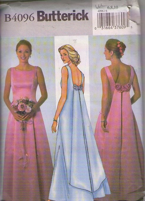 Butterick 4096 Retro 2003 Sewing Pattern Formal Gowns, Back Drape Bridesmaid Dress, Wedding, Special Occasion Minimalist Styles Size 6-10