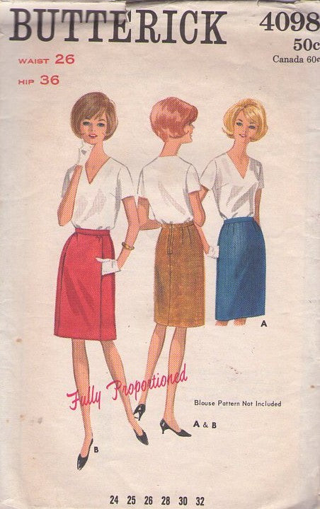 Butterick 4098 Vintage 60's Sewing Pattern Skirt Set, Fully Proportioned Above the Knee Sexy Secretary Skirt, Hidden Front Pockets Waist 32