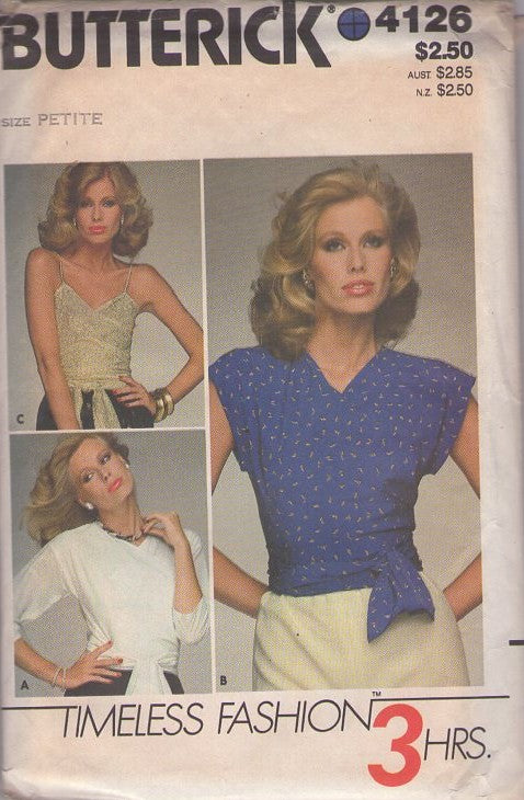 Butterick 4126 Vintage 80's Sewing Pattern Disco Tops, Wrap Around Blouse, 3 Styles Size P
